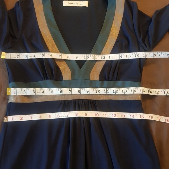 Laundry By Design Dress Size Small V Neckline Gold Green Trim Empire Striped - Picture 6 of 12